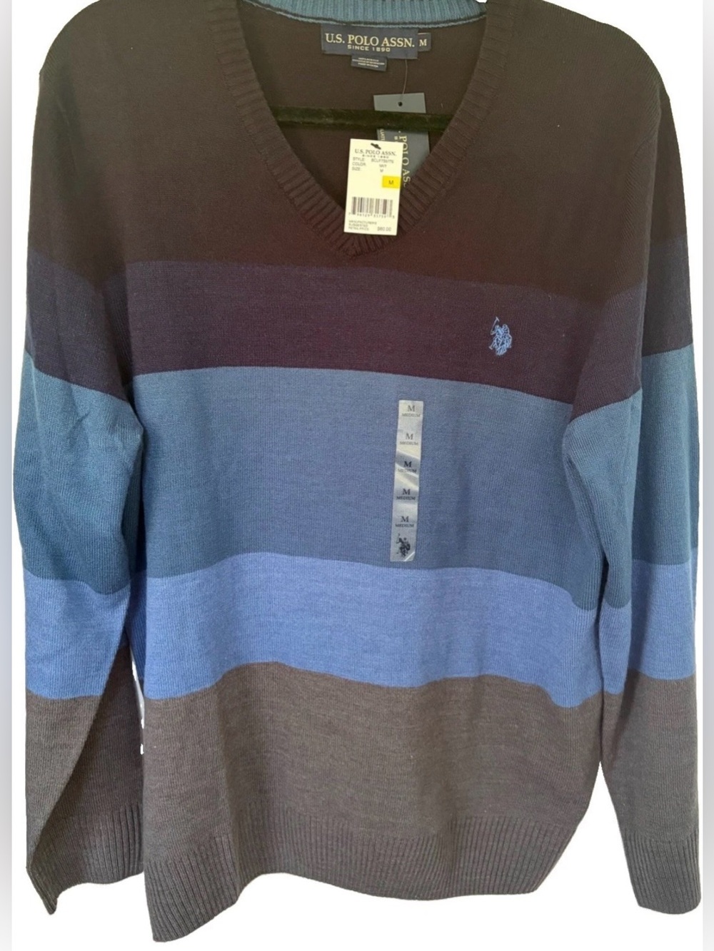 NWT U.S. Polo Assn. Men's Medium Striped V-Neck Pullover Knit Sweater Blue  gray